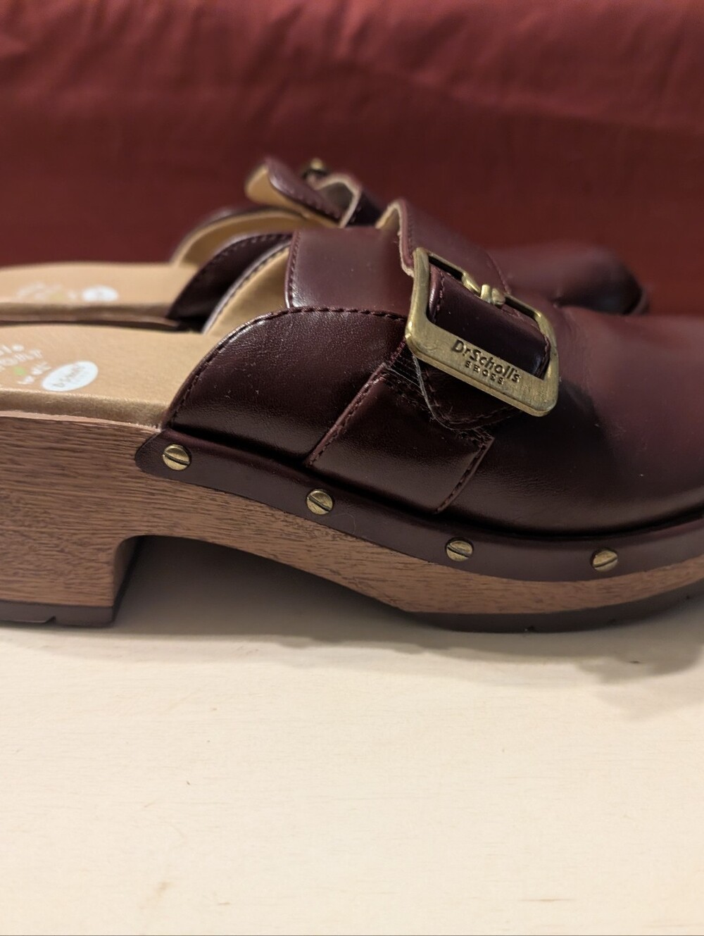 Dr. Scholl's Women's Wine Leather Clog Mule with Brass Buckle